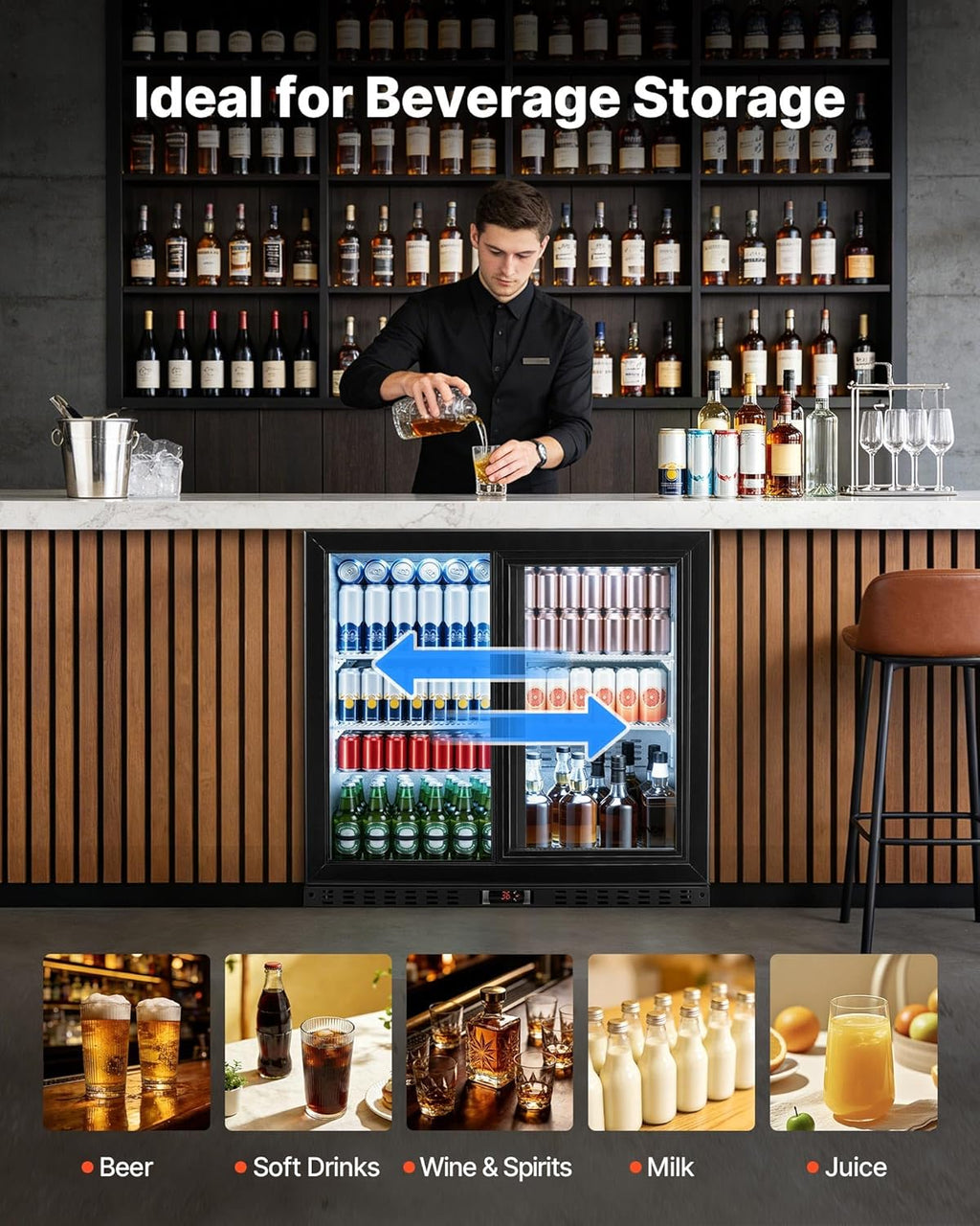 VEVOR Back Bar Cooler, 7.4 Cu. Ft Commercial Beverage Refrigerator, Under Counter Bar Fridge with 2 Sliding Doors, LED Lighting, Adjustable Shelves, Low-E Glass Display Cooler for Beer, Wine, Drink