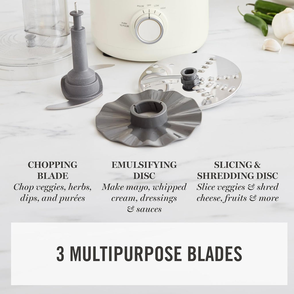 Martha Stewart Food Processor, 10-Cup Electric Chopper for Slicing, Shredding, Mincing and Puree, BPA-Free Twist & Lock Bowl, 3 Multipurpose Blades, Variable Speed Dial, Wide Feed Chute, Linen White