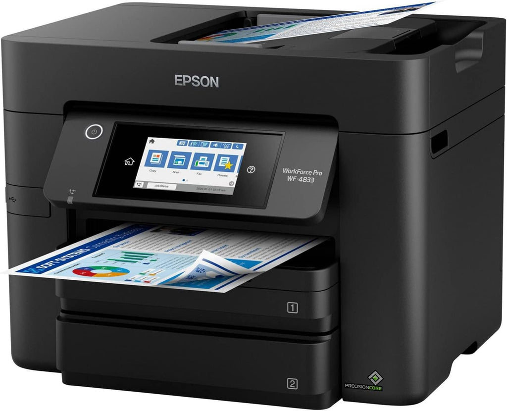 Epson Workforce Pro WF-4833 Wireless All-in-One Color Inkjet Printer, Black - Print Scan Copy Fax - 4.3" LCD, 25 ppm, 4800x2400 dpi, Auto 2-Sided Printing, 50-Sheet ADF, 500-Sheet, Ethernet, DAODYANG