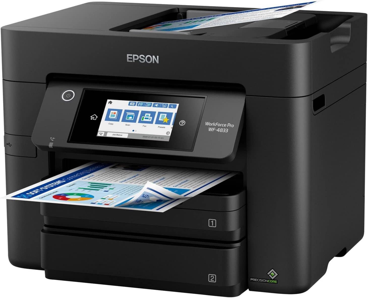 Epson Workforce Pro WF-4833 Wireless All-in-One Color Inkjet Printer, Black - Print Scan Copy Fax - 4.3" LCD, 25 ppm, 4800x2400 dpi, Auto 2-Sided Printing, 50-Sheet ADF, 500-Sheet, Ethernet, DAODYANG