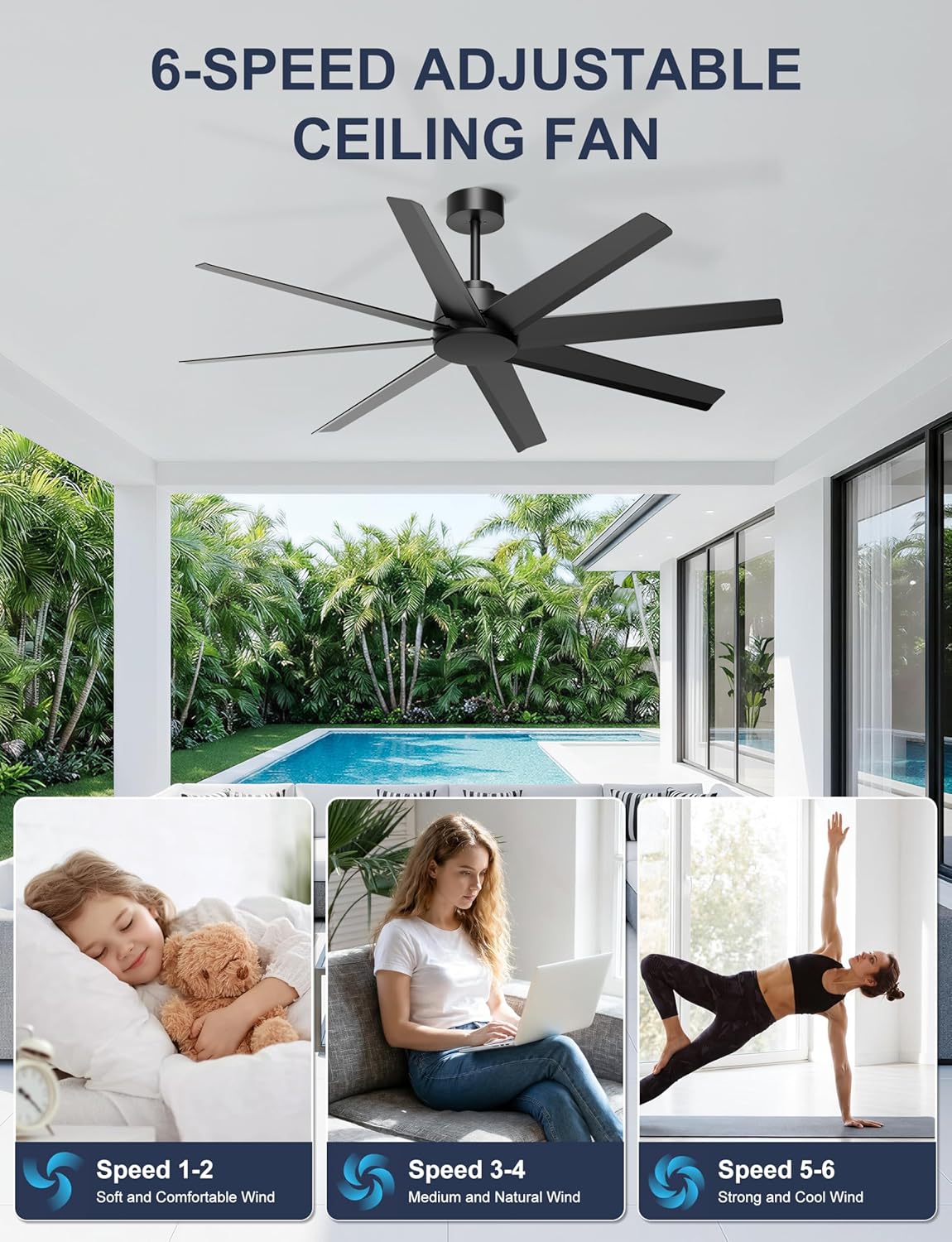 Ohniyou 60'' Ceiling Fan No Light - Modern Black 8 Blades Ceiling Fan Remote/APP Control, DC Motor Outdoor Fan for Covered Patio, Living Room, Shop, Garage