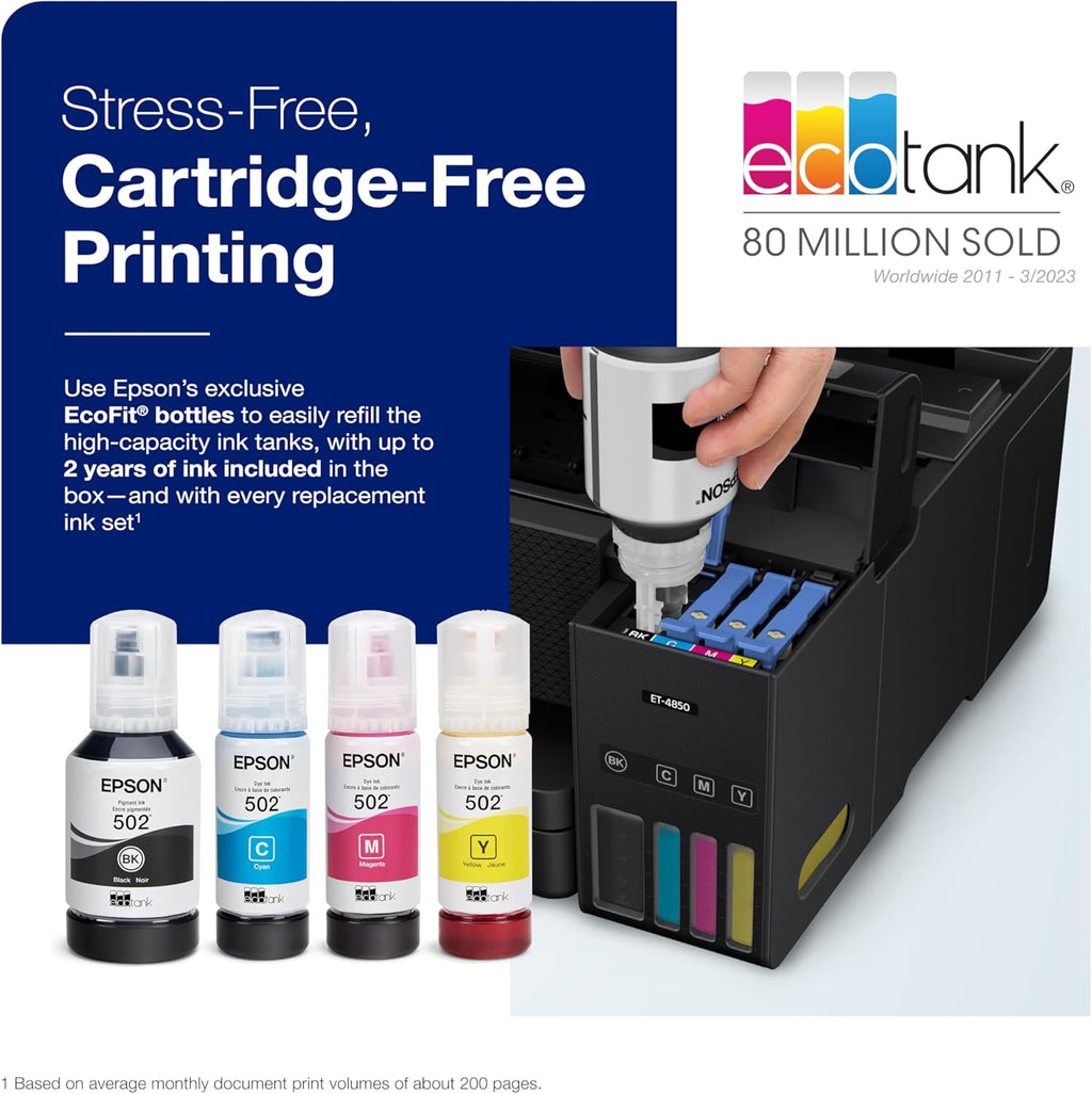 Epson EcoTank ET-4850 Wireless All-in-One Cartridge-Free Supertank with Scanner Copier, Fax, ADF and Ethernet, The Perfect Office Printer - Black