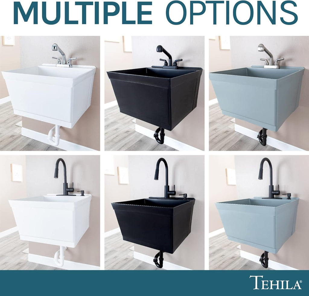 JS Jackson Supplies Tehila Black Wall-Mounted Utility Sink Tub Kit with Matte Black Finish Pullout Faucet, Wall-Mounted Utility Tub with Wall Bracket for Laundry Room, Garage, Workshop