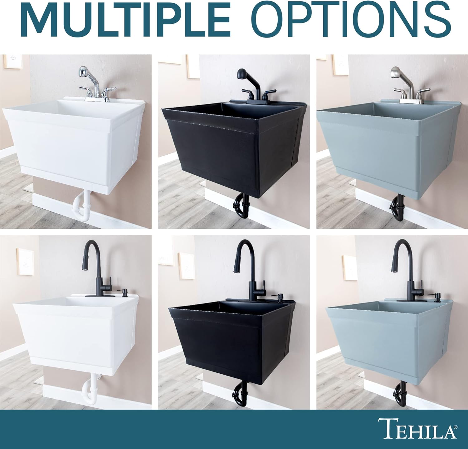 JS Jackson Supplies Tehila Black Wall-Mounted Utility Sink Tub Kit with Matte Black Finish Pullout Faucet, Wall-Mounted Utility Tub with Wall Bracket for Laundry Room, Garage, Workshop