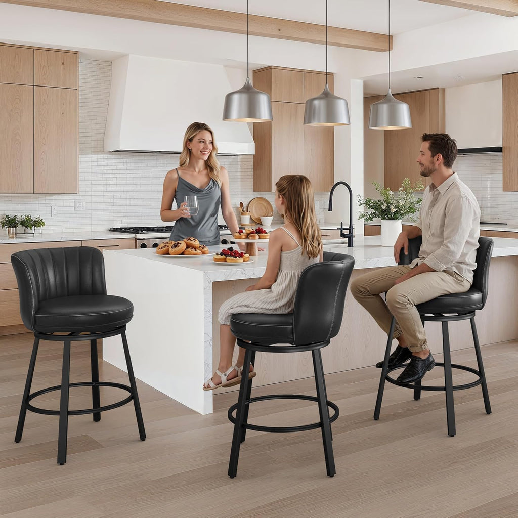 LUE BONA 360° Swivel Leather Bar Stools Set of 3, 26" Counter Height Barstools with Backs and Metal Legs, Rustic Upholstered Bar Chairs for Kitchen Island, Black