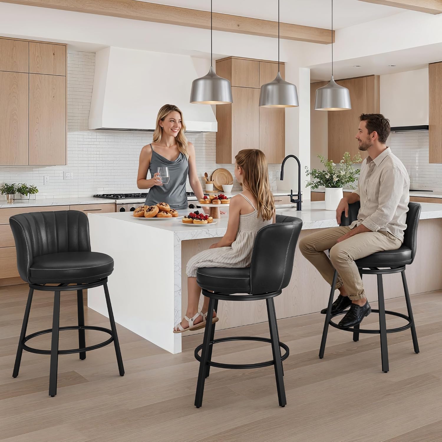 LUE BONA 360° Swivel Leather Bar Stools Set of 3, 26" Counter Height Barstools with Backs and Metal Legs, Rustic Upholstered Bar Chairs for Kitchen Island, Black