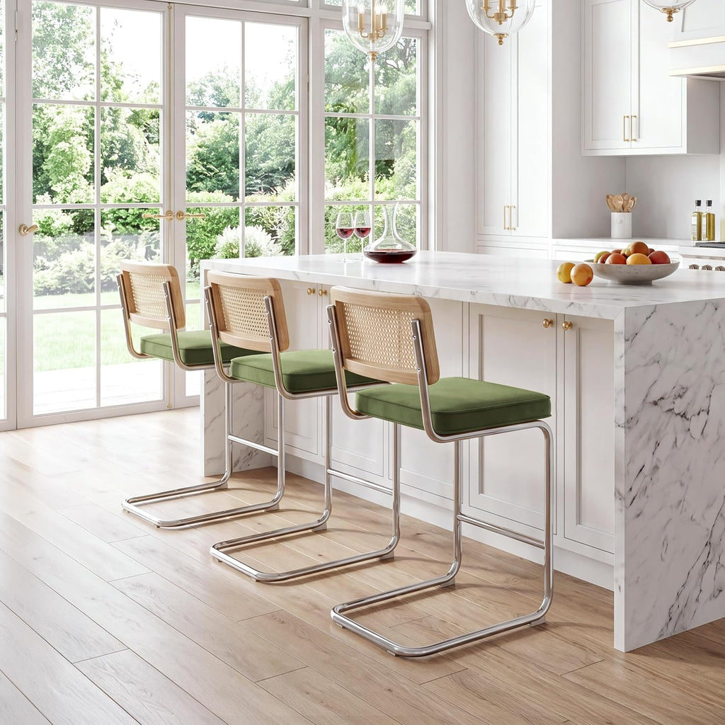 Zesthouse Natural Rattan Bar Stools Set of 2, 26'' Modern Boho Counter Height Barstools with Solid Wood Back, Mid Century Counter Stools with Velvet Cushion, Cane Back Island Chairs for Kitchen, Green