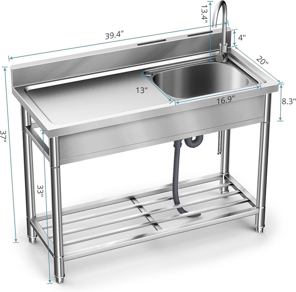Stainless Steel Utility Sink, Kitchen Sink with Countertop Workstation, Free Standing Single Bowl with Cold and Hot Water Pipe for Laundry Room Garage Work Shop Indoor Outdoor Basement (39 Inch)