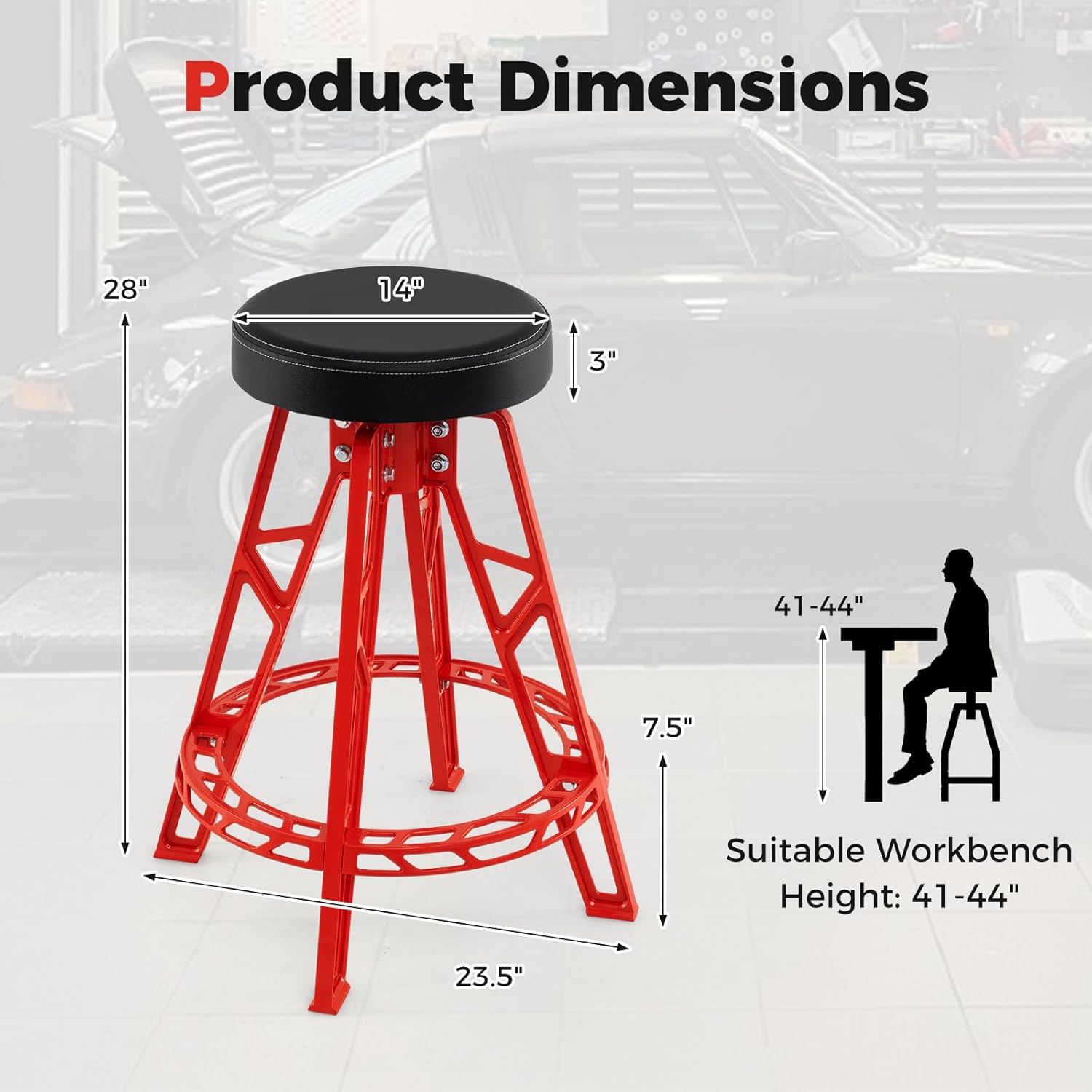 Mechanic Stool, Heavy-Duty Aluminum Garage Barstool with 360° Swiveling Seat & Footrest, Tall Padded Workshop Stool for Tool Room, Auto Repair, 400 LBS Max Load