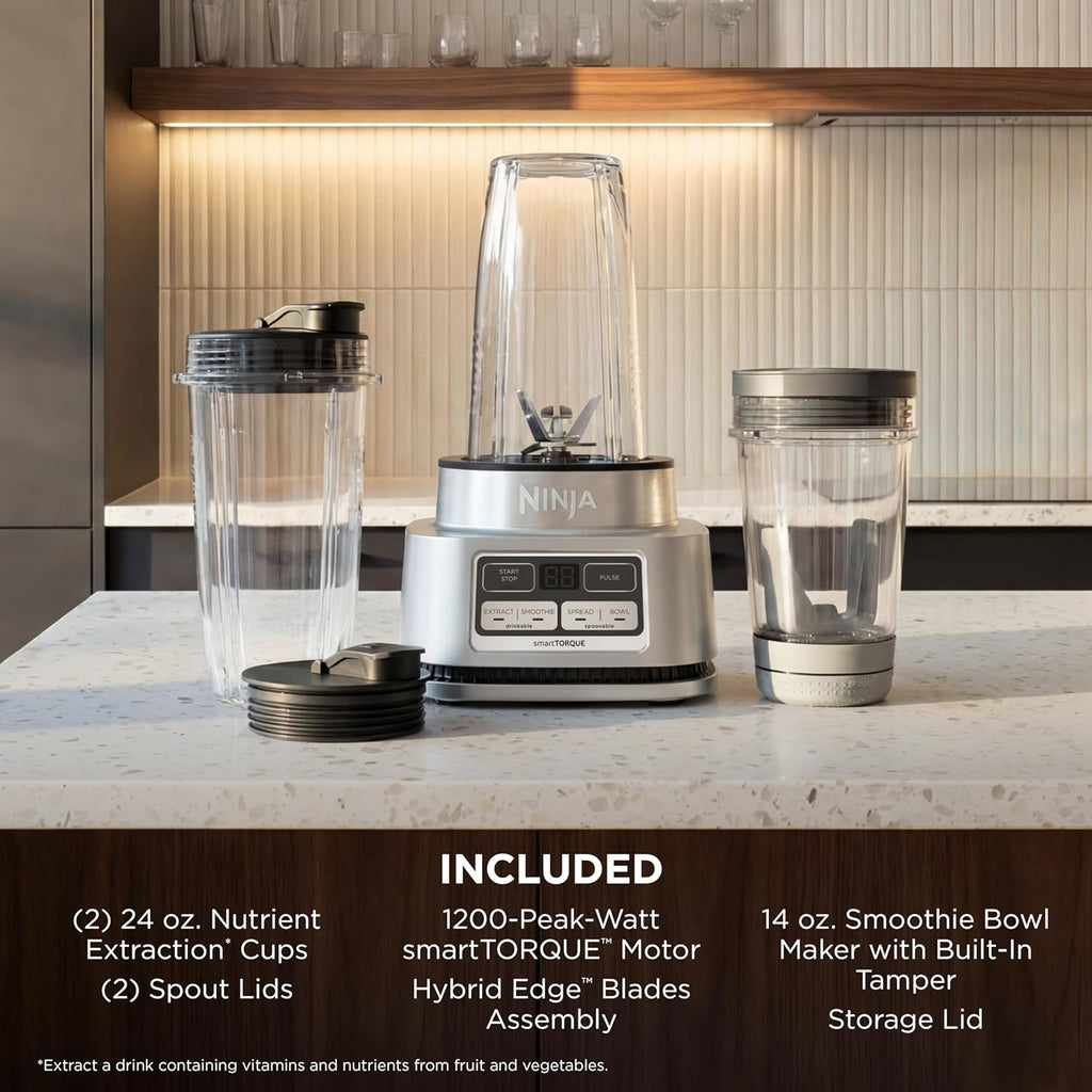 Ninja Foodi Personal Blender | Smoothie Bowl Maker with Storage Lid, Nutrient Extractor and Mixer | 1200-Peak-Watt smartTORQUE Motor | Hybrid Edge Blades, (2) 24-oz. Cups | Silver | SS101