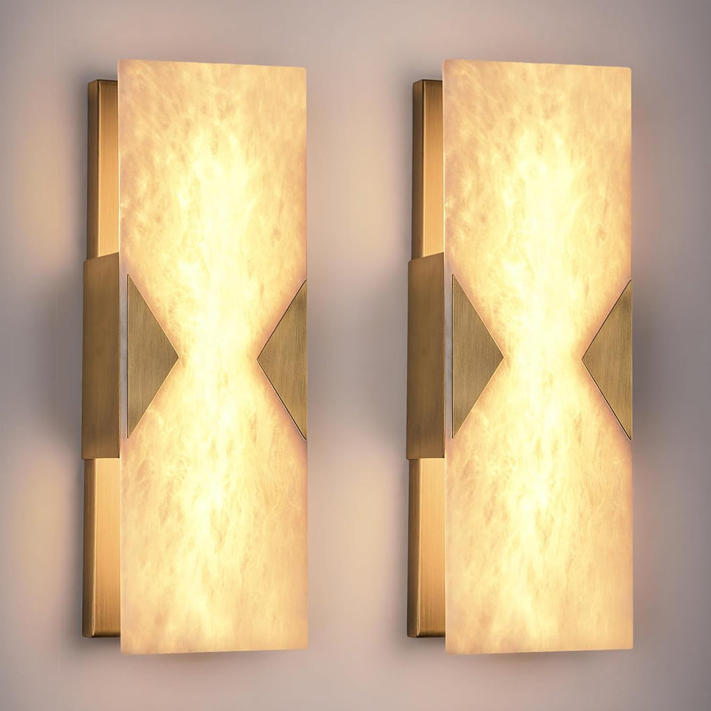 Alabaster Wall Sconces Set of 2,14.2in Modern Natural Marble Vanity Light, Hardwired Brass Gold Wall Sconces Lighting for Living Room,Bedroom,Indoor LED Alabaster Sconces for Bathroom Mirror,Hallway