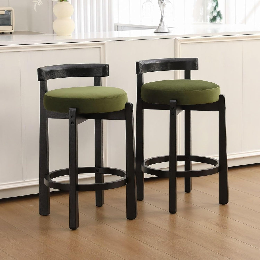 LukeAlon Mid Century Velvet Counter Stools Set of 6, Upholstered 26.5” Seat Height Barstools with Black Wood Legs Retro Modern Round Kitchen Stools with Footrest for Dining Room Bar Coffee Shop, Green