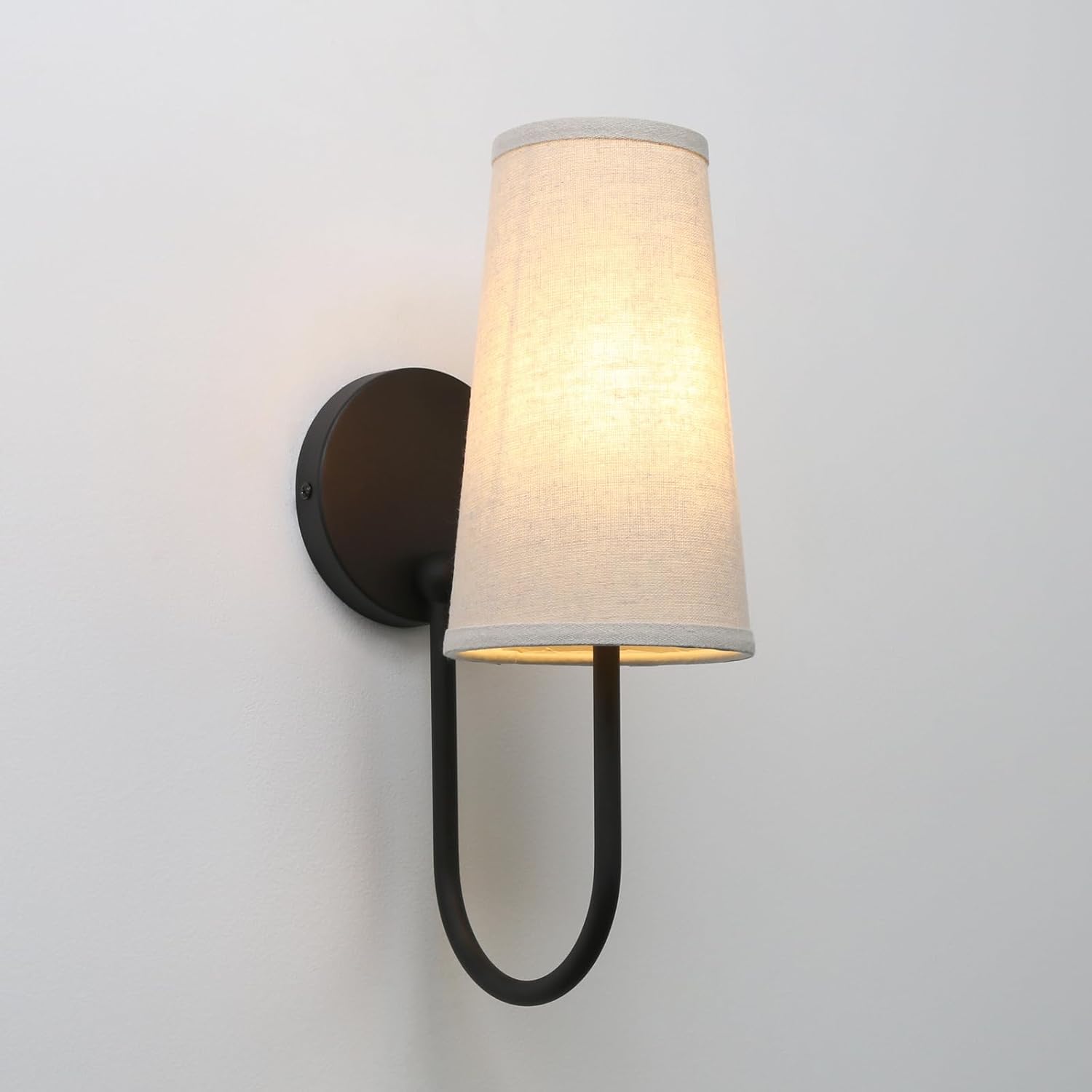 Pathson Set of 2 Linen Fabric Wall Sconces, Hardwired Curved Arm Bathroom Vanity Light with Cone Cloth Shade, Black Indoor Wall Decor Lamp for Living Room, Kitchen, Bedroom, Foyer