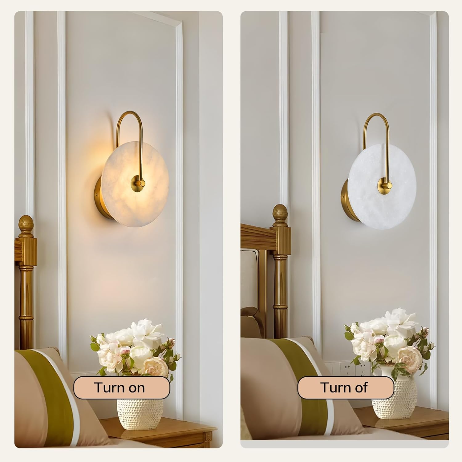 Round Alabaster Wall Sconce Set of Two, Natural Marble Lampshade Wall Sconce, Hardwired Circular Sconce LED Modern Wall Lamp for Bedroom, Stairs, Living Room, Bedside, Hallway