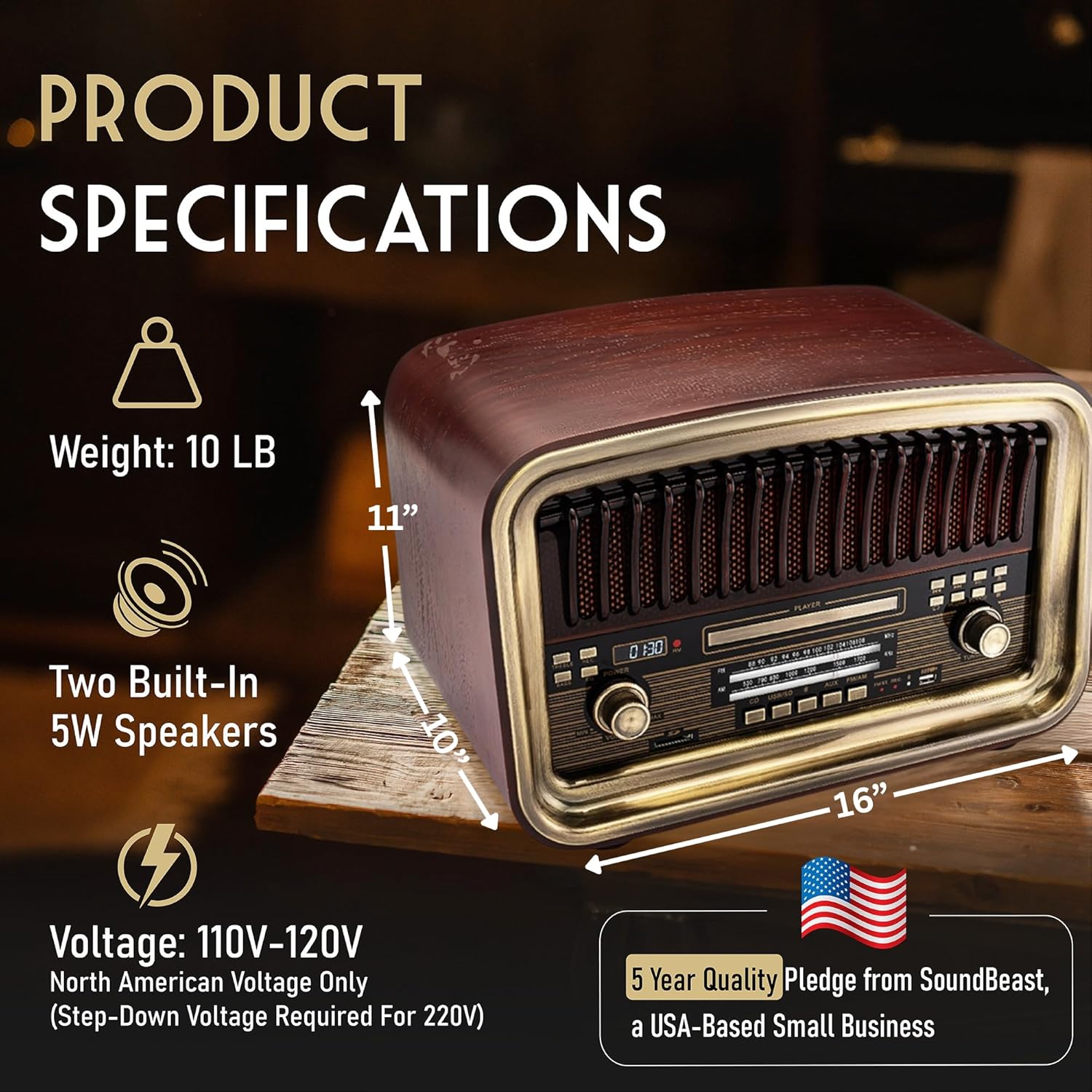 SoundBeast All-in-One AM/FM Radio with CD Player, Bluetooth Input, USB Playback & Recording, SD Card Playback, Aux Input, Built-in Speakers, Handmade Wooden Exterior