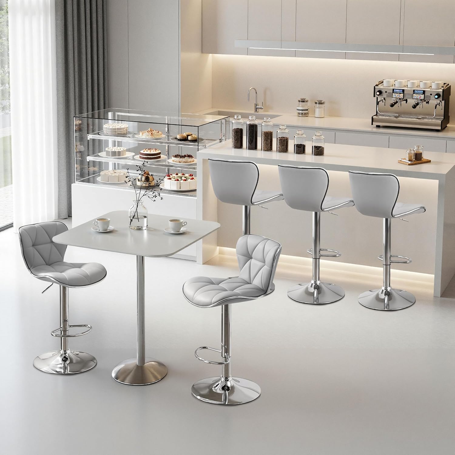 Yaheetech Bar Stools Set of 4, Island Chairs Shell Back, PU Leather Adjustable Barstools, Swivel Barstools with Footrest for Home Kitchen, Light Gray