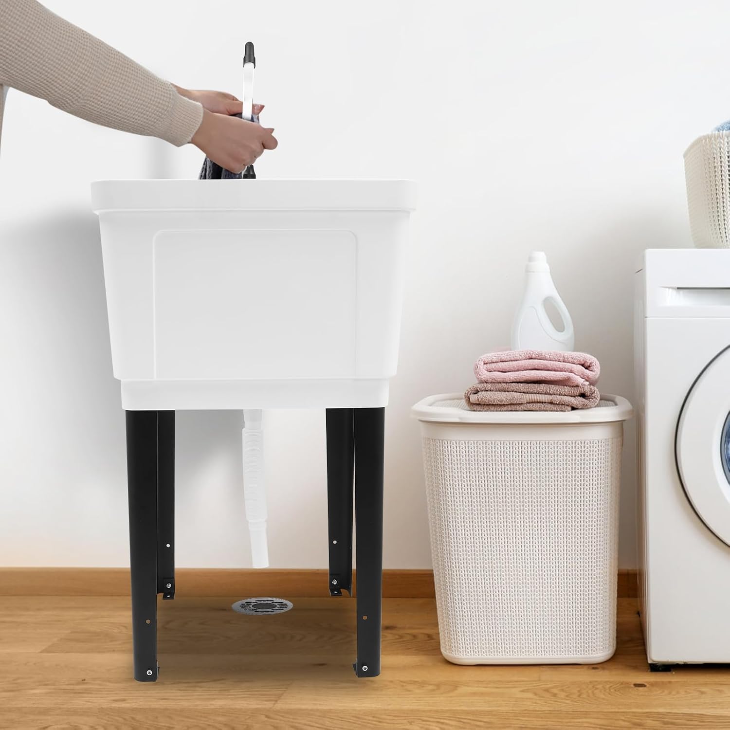 Freestanding Utility Sink, Utility Sink Extra-Deep Laundry Tub, Freestanding Plastic Utility Sink Laundry Tub Sink for Basement, Laundry Room, Garage or Shop (White)