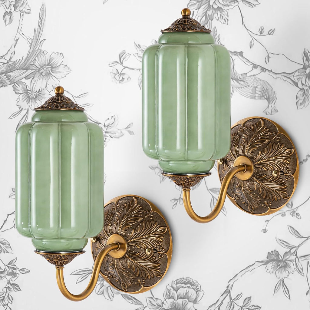 Vintage Gold Milk Glass Wall Sconce, Wall Light Set of Two - Vintage Green Shade & Brass Finish Base, Indoor Hardwired Wall Lighting Fixture for Foyers, Bedroom, etc (Bulbs Included)- Green