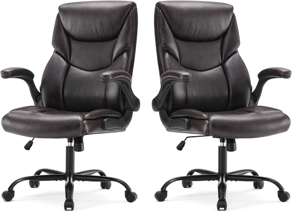 Sweetcrispy Ergonomic Computer Gaming Office Chair Set of 2, Heavy Duty Task Desk Swivel Rolling Chairs with Wheels, Flip-up Arms, Adjustable Height, PU Leather,Dark Brown