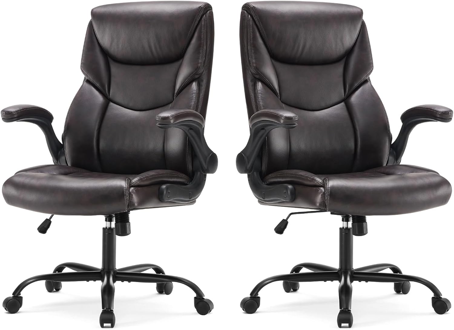 Sweetcrispy Ergonomic Computer Gaming Office Chair Set of 2, Heavy Duty Task Desk Swivel Rolling Chairs with Wheels, Flip-up Arms, Adjustable Height, PU Leather,Dark Brown