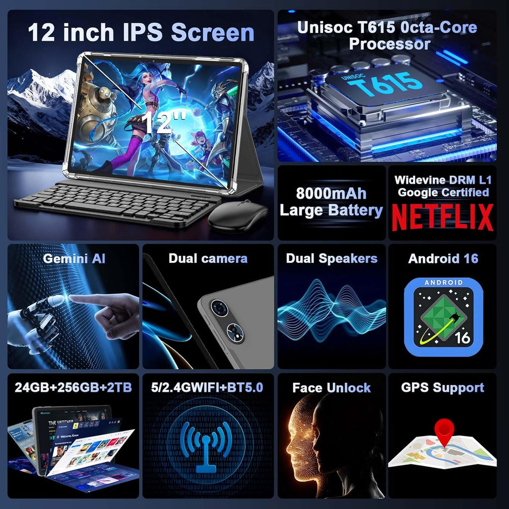 Upgraded 12 Inch Tablet, Android 16 Tablet with Keyboard Bundle, 24GB+256GB+2TB Expand, 2K Gemini AI Tablets PC with Octa-Core, 8000mAh, 16+8MP, 2 in 1 Large Tablets with Case, Mouse, Stylus (Black)