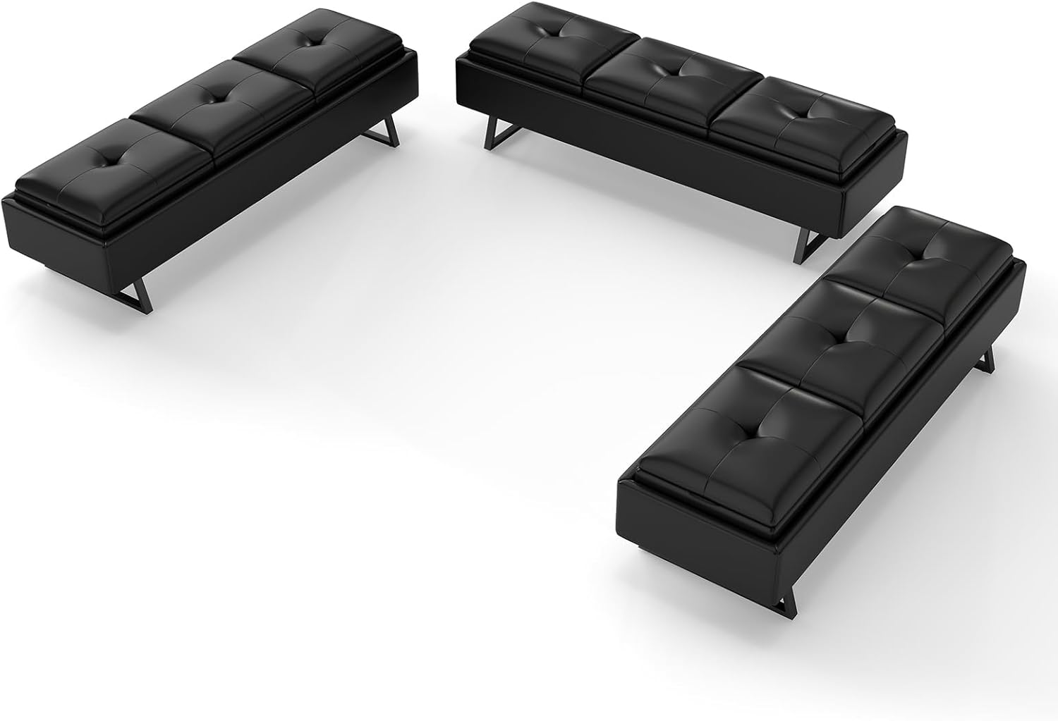 MOTION Leather Bench Waiting Room Chairs - 3 Seat Office Guest Reception Bench with Cushion, Upholered Waiting Room Seating, Office Furniture Lobby Chairs for Salon, Shop, Set of 3, Black