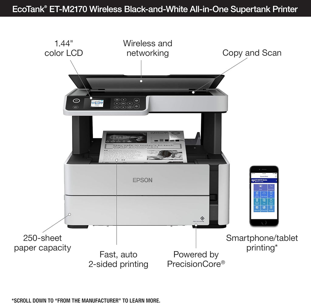 Epson EcoTank ET-M2170 Wireless Monochrome All-in-One Supertank Printer with Ethernet PLUS 2 Years of Unlimited Ink*,White
