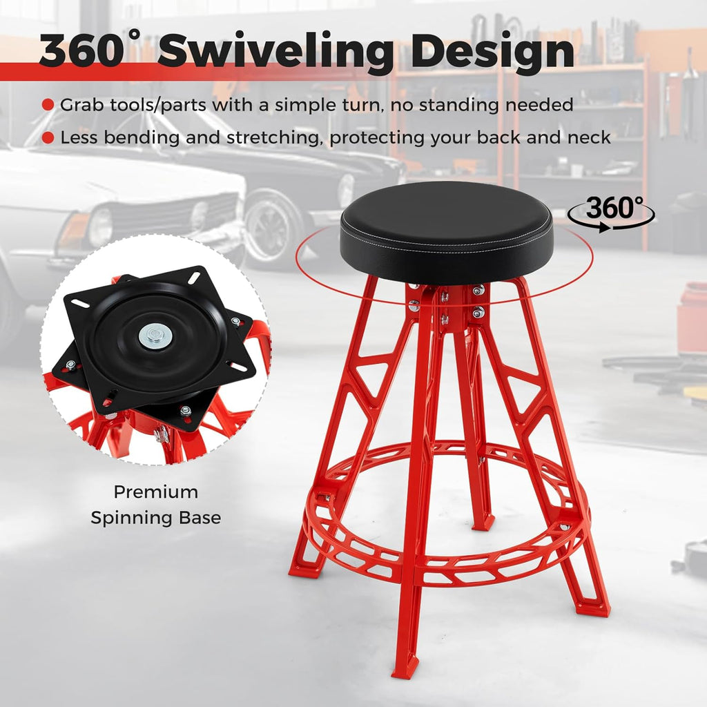 Mechanic Stool, Heavy-Duty Aluminum Garage Barstool with 360° Swiveling Seat & Footrest, Tall Padded Workshop Stool for Tool Room, Auto Repair, 400 LBS Max Load