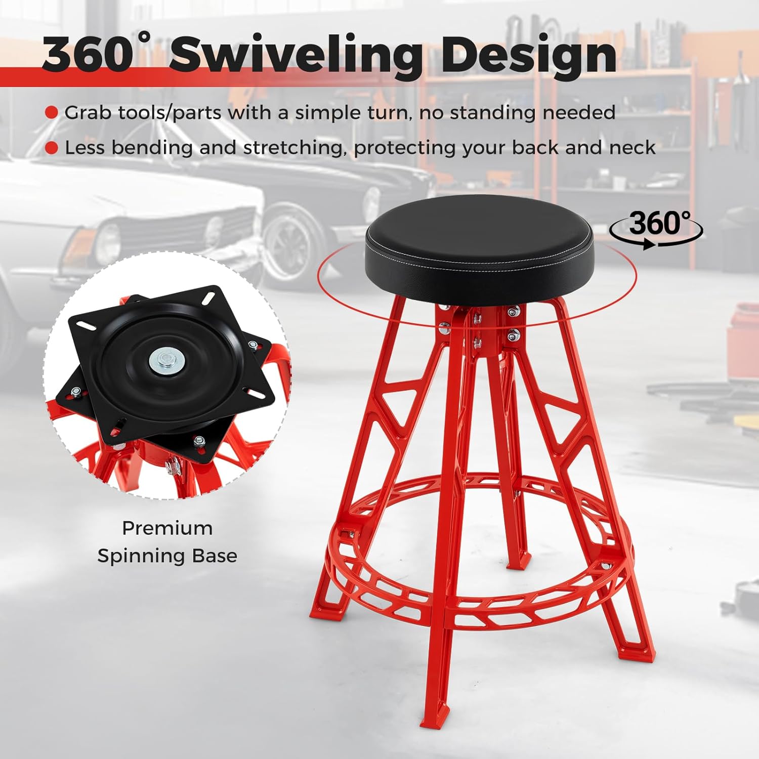 Mechanic Stool, Heavy-Duty Aluminum Garage Barstool with 360° Swiveling Seat & Footrest, Tall Padded Workshop Stool for Tool Room, Auto Repair, 400 LBS Max Load