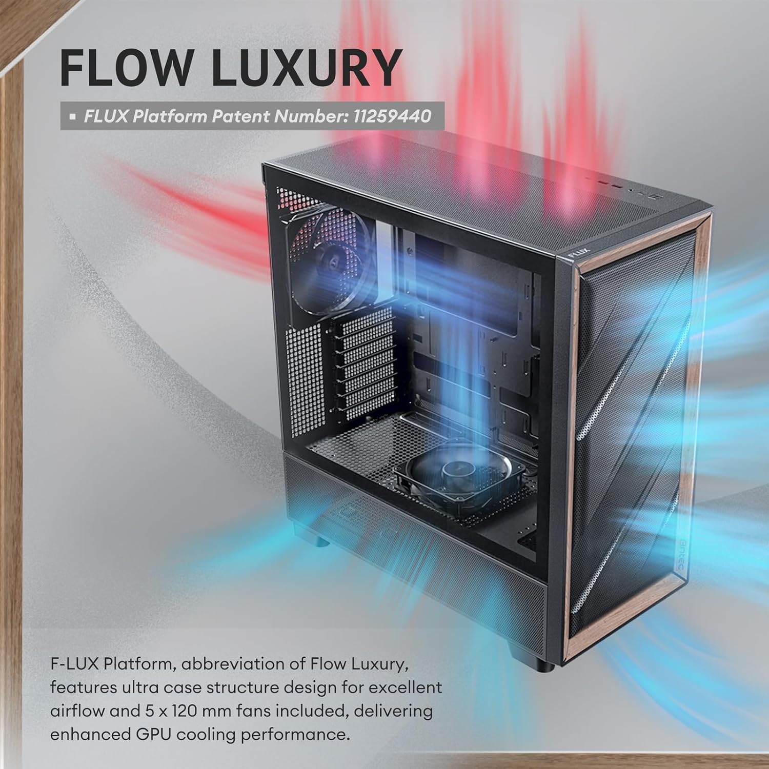 Antec Flux Wood, 5 x PWM Fans Included, High-Airflow Front Panel with Walnut Wood, Type-C, 420mm Radiator & Back Connect Motherboard Support, Up to 9 Fans Simultaneously, Mid-Tower E-ATX PC Case