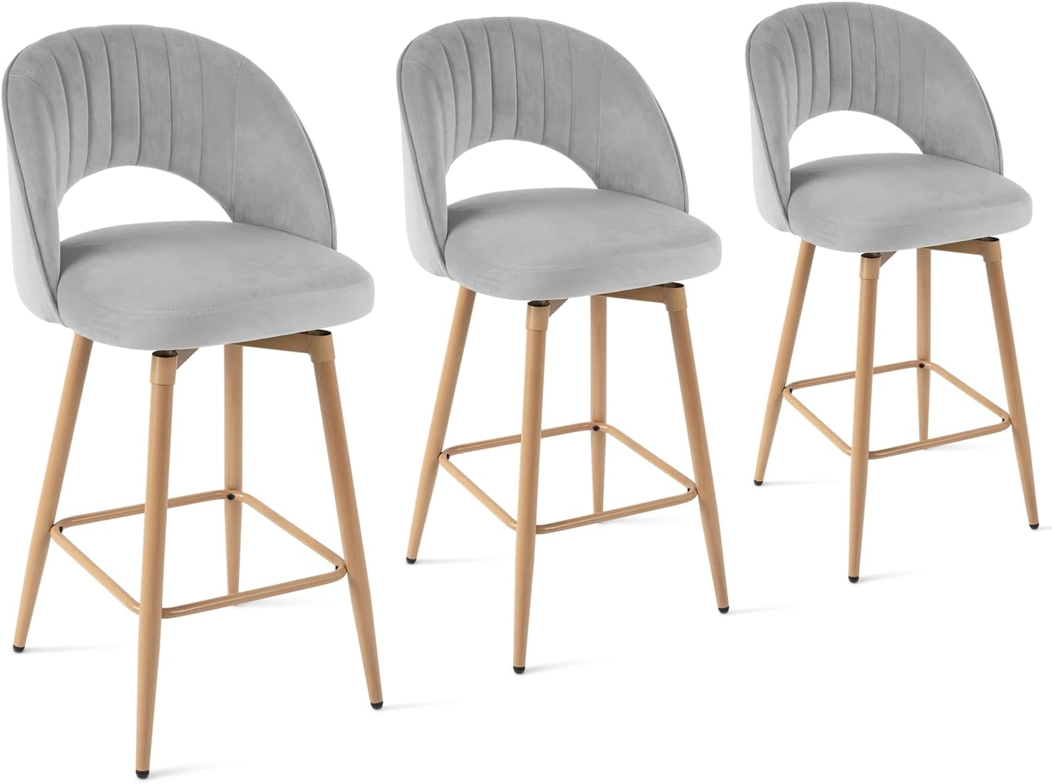 Swivel Bar Stools Set of 3, Counter Height Barstools for Kitchen Island, 26" Seat Height Bar Chairs for Dining Room, Velvet Upholstered Bar Stool with Back and Footrest, Gray
