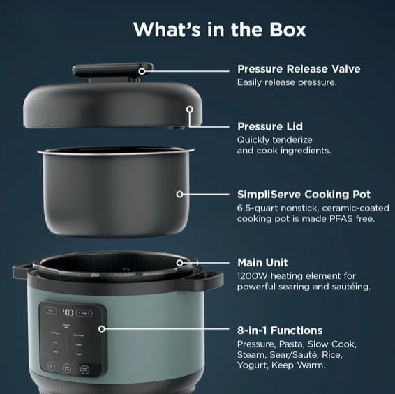 Niinjaa Hyper Heat 8 in 1 (model PC 200), 6.5 Qt Pressure Cooker, Steams, Slow Cooks, Rice, Pasta, Sear/Sauté, Steam, with SimpliServe Pot, 1200 W, Color Sage Leaf