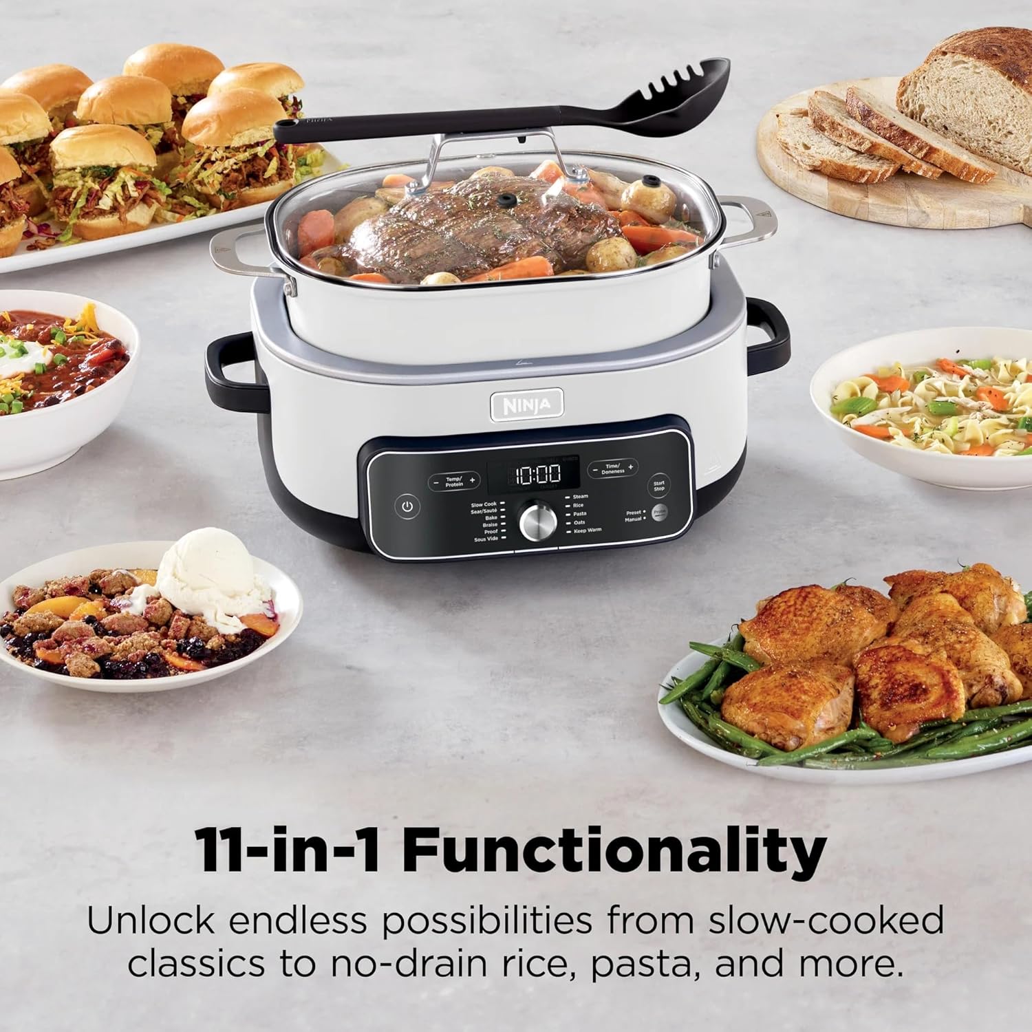 Ninja Foodi PossibleCooker PRO Plus with 11-in-1 Smart Cook System, Thermal Surround Technology, Powerful 1400-Watt Base, Oven safe up to 500º F - White (Renewed)