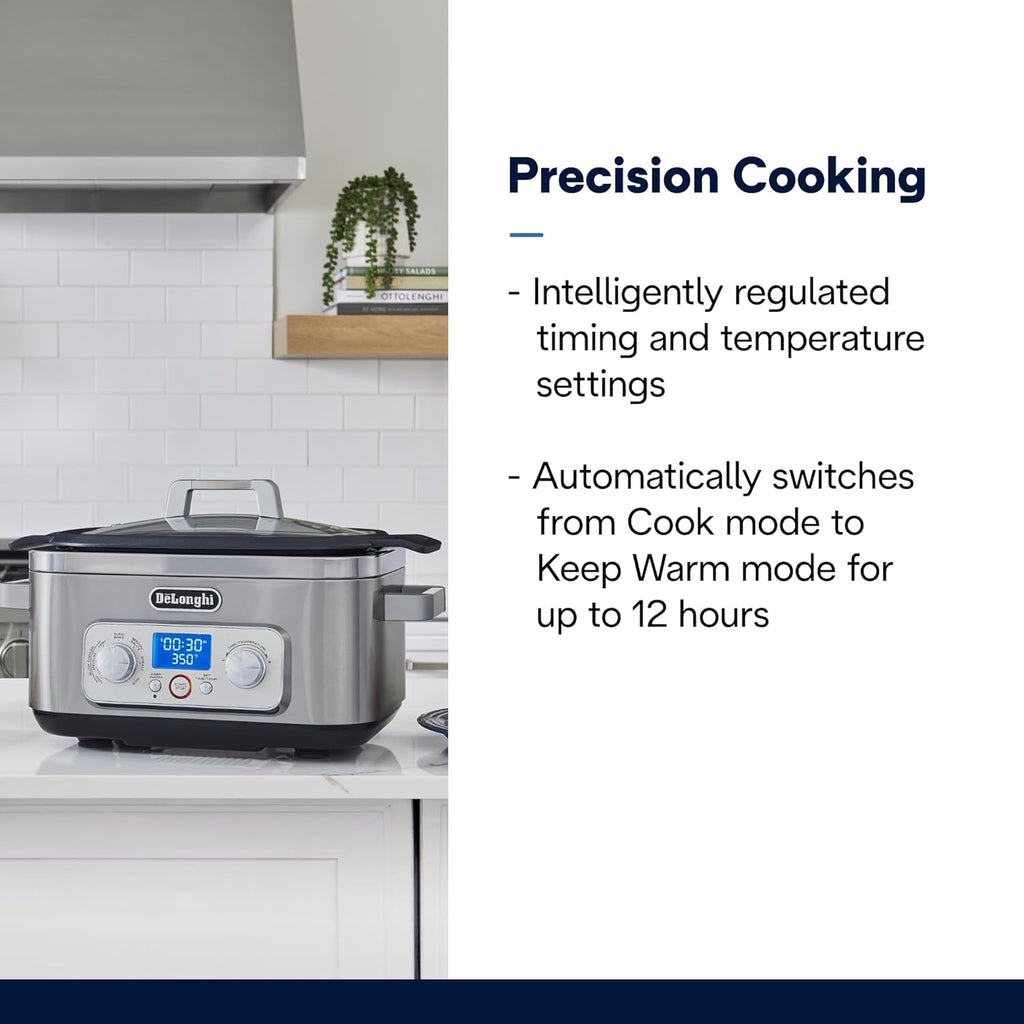DeLonghi Livenza Multi-Cooker, Stainless Steel - 6 qt - Crock Pot Slow Cooker - 24-Hour Programmability & Seven Modes - Includes Non-Stick Dishwasher-Safe Pot, Steam Rack & Glass Lid