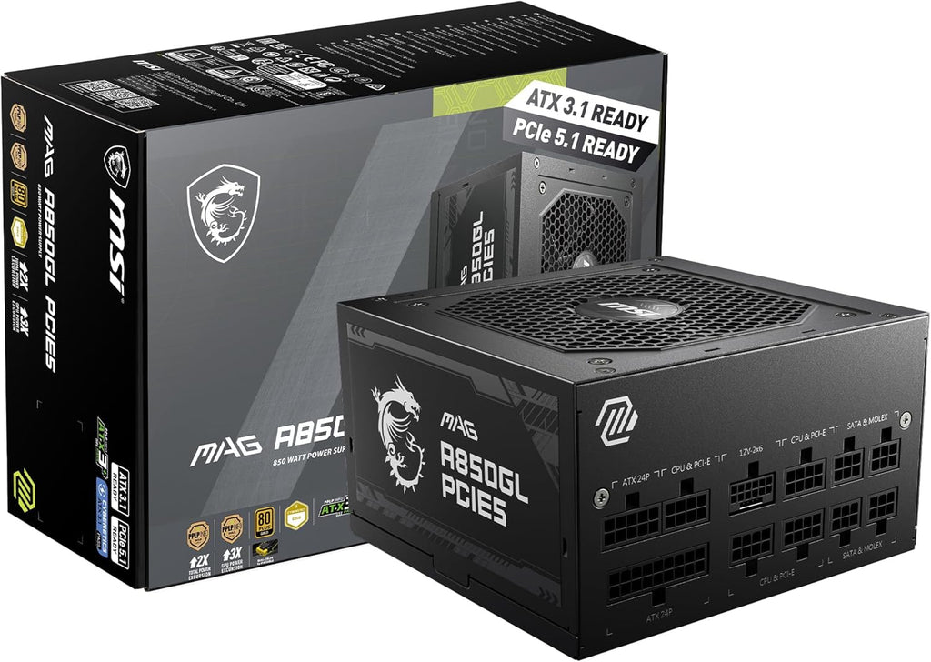 MSI MAG A850GL PCIE5, Fully Modular Compact Gaming 850W Power Supply, 80+ Gold, ATX 3.1 & PCIe 5.1 Ready, Native Dual-Color 12V-2x6 Cable, 10 Year Warranty