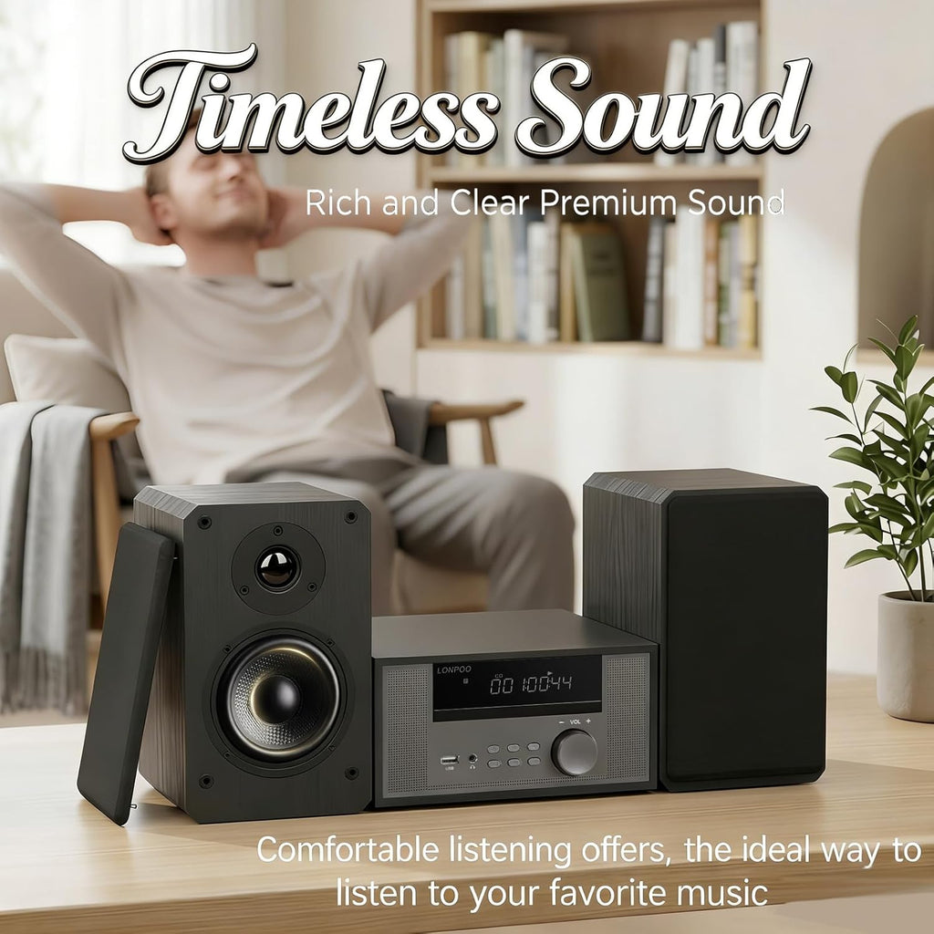 Home CD Stereo Shelf System,100W Hi-Fi Bookshelf Speskers System (with CD Player, FM Radio, Bluetooth 5.3, USB Playback, AUX-in, Headphone Jack, Remote Control, DSP-Tech