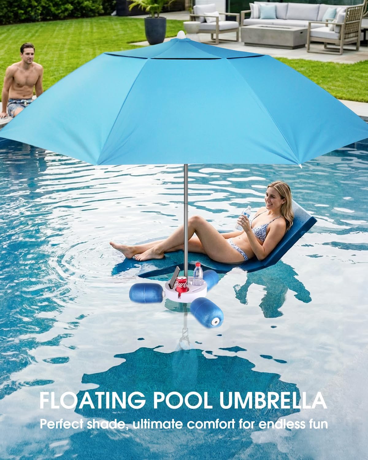 Floating Pool Umbrella 6.6ft - Portable UV Sun Shade Canopy with 3 Drink Holders, Stability Anchor Bag & Secure Floating Design - In-Water Use for Swimming Pools, Lakes, Beach and Outdoor Leisure