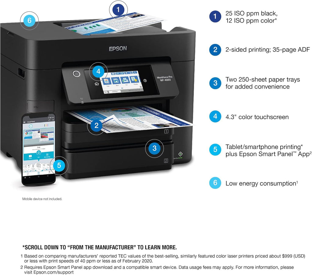 Epson Workforce Pro WF-4833 Wireless All-in-One Color Inkjet Printer, Black - Print Scan Copy Fax - 4.3" LCD, 25 ppm, 4800x2400 dpi, Auto 2-Sided Printing, 50-Sheet ADF, 500-Sheet, Ethernet, DAODYANG