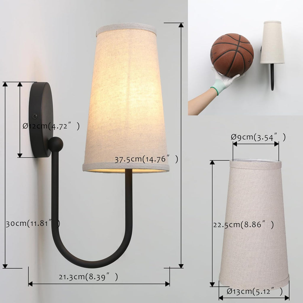 Pathson Set of 2 Linen Fabric Wall Sconces, Hardwired Curved Arm Bathroom Vanity Light with Cone Cloth Shade, Black Indoor Wall Decor Lamp for Living Room, Kitchen, Bedroom, Foyer