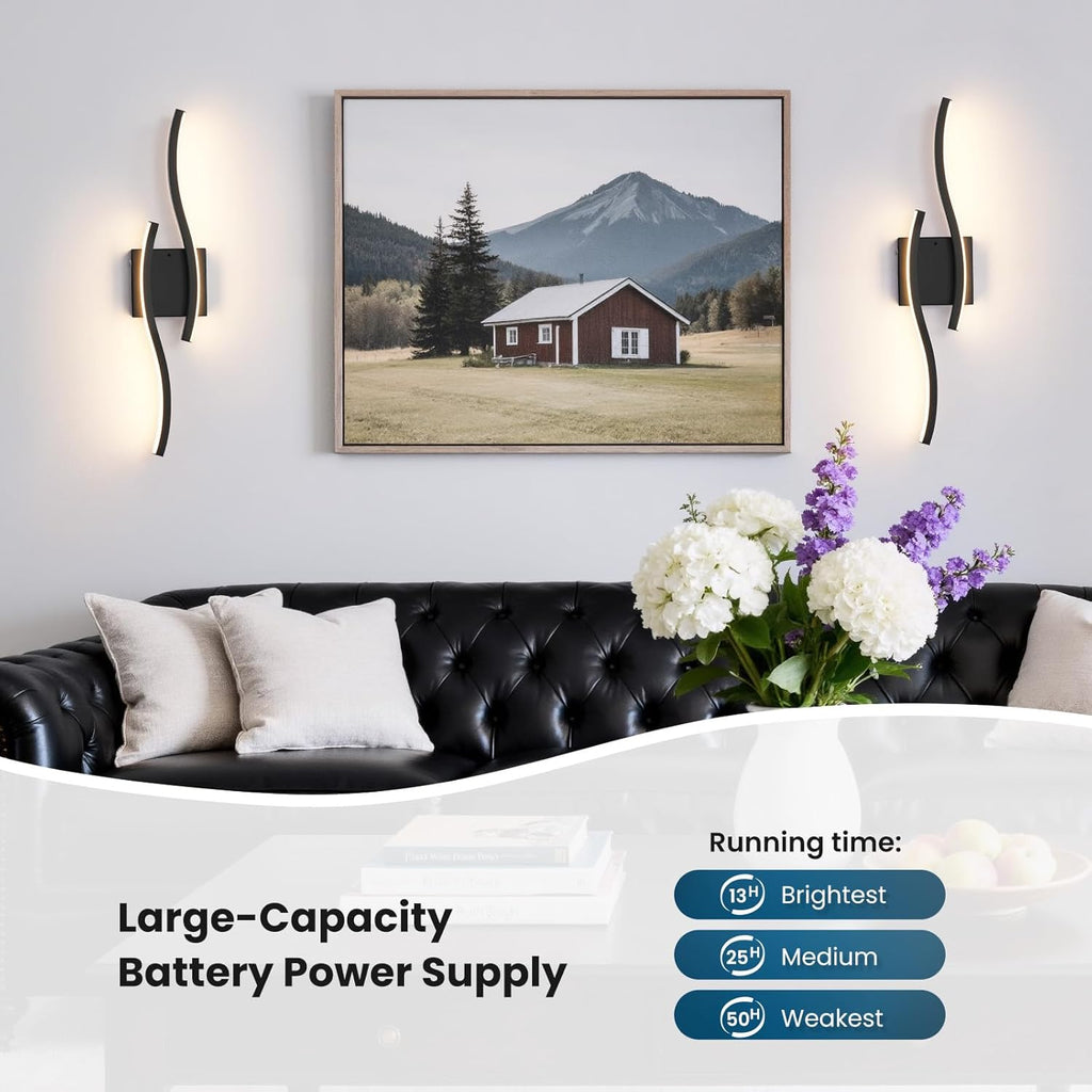 Black Battery Operated Wall Sconces: 23.6 Inch Rechargeable Sconce Lighting Set of 2 with Remote /3 Colors/10-100% Dimming/Timer Modern LED Wall Light for Bedroom Living Room Hallway Bathroom, 2 Pcs