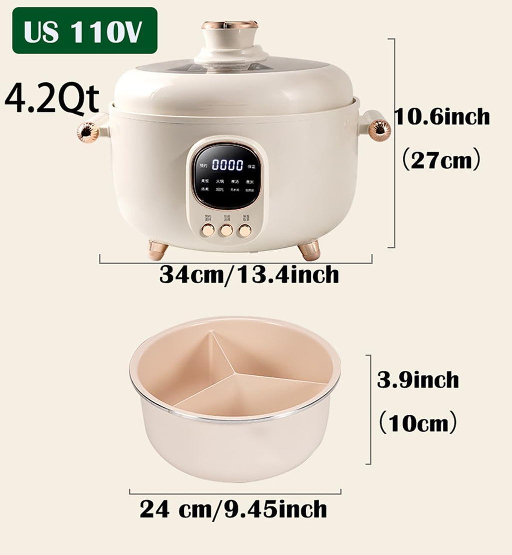 4.2Qt Electric Pressure Cooker & Smart Multi-Cooker, 10-in-1 Innovative 3-Compartment Rice Cooker, 1000W Hot Pot with 24H Timer, 70KPa Fast Cooking, Non-Stick Inner Pots, Heat Preservation, 110V, White