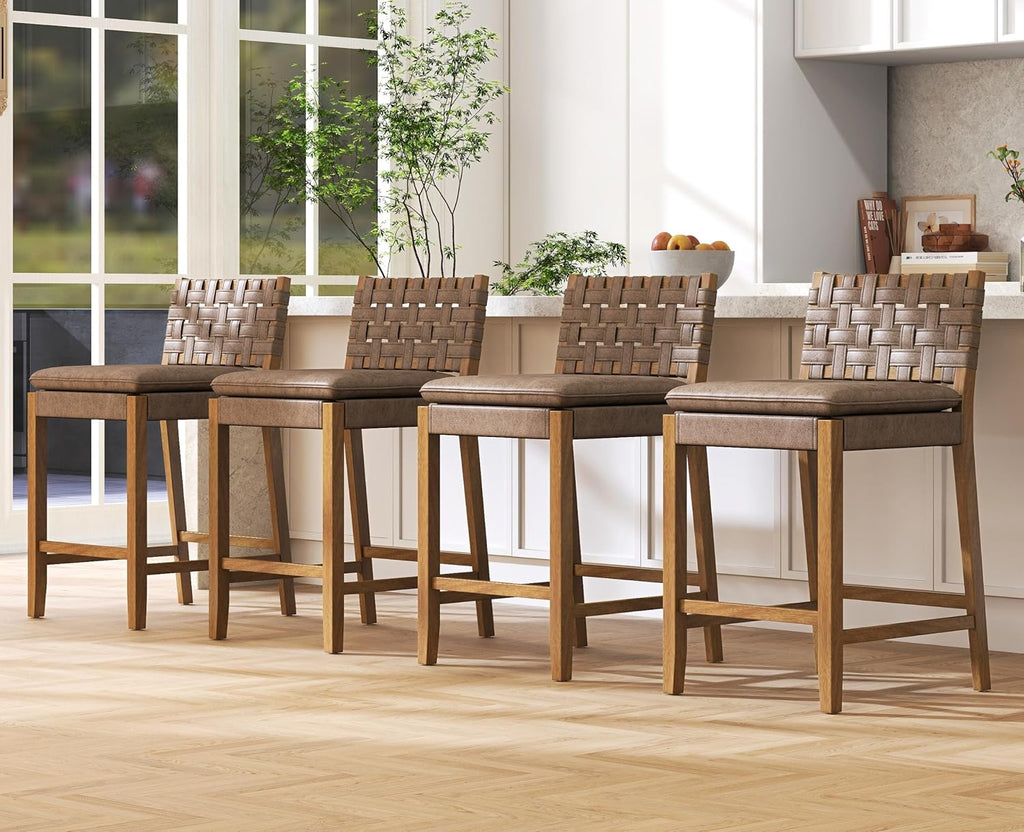 EALSON Mid Century Rattan Bar Stools Set of 4 Modern Farmhouse Barstools with Leather Woven Backs 26 Inch Wooden Counter Stool Breakfast Upholstered Bar Chairs for Kitchen Island, Brown