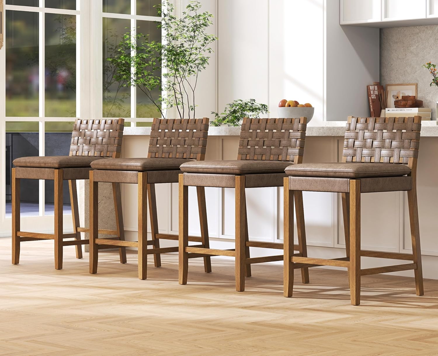 EALSON Mid Century Rattan Bar Stools Set of 4 Modern Farmhouse Barstools with Leather Woven Backs 26 Inch Wooden Counter Stool Breakfast Upholstered Bar Chairs for Kitchen Island, Brown