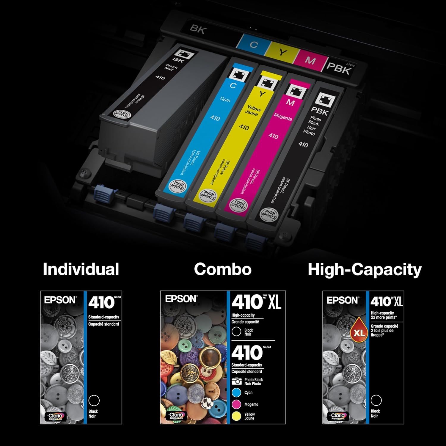 EPSON 410 Claria Premium Ink High Capacity Black & Standard Color Cartridge Combo Pack (T410XL-BCS) Works with Expression XP-530, 630, 640, 7100, 830