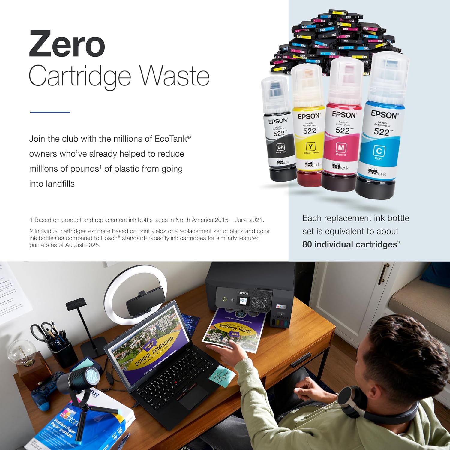 Epson EcoTank ET-2800 Wireless Color All-in-One Cartridge-Free Supertank with Scan and Copy, The Ideal Basic Home Printer - Black