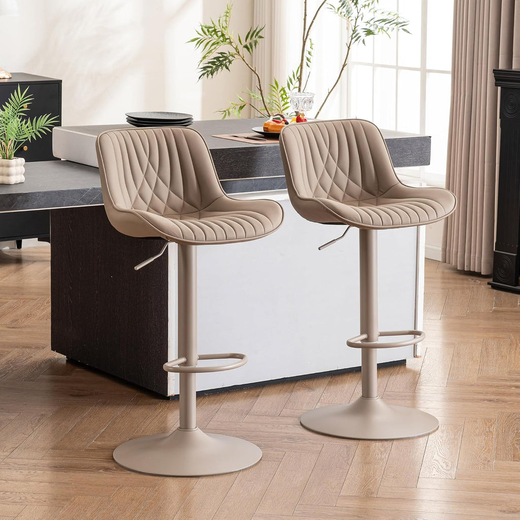 YOUTASTE Bar Stools Set of 2, Adjustable Swivel Counter Height Barstools with Back, All Khaki Faux Leather Upholstered Bar Chairs with Metal Base, Stools for Kitchen Island or Home Bar