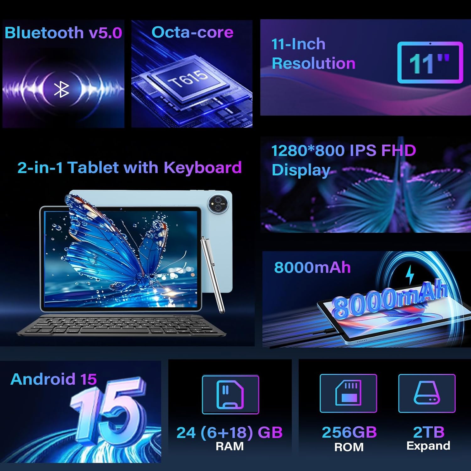 2026 11 Inch Tablet, Android 15 Tablet with Keyboard, 24GB+256GB+2TB Expand, Gemini AI Tablets PC with 8-Core, 8000mAh, 5G WiFi, Widevine L1, GPS, 2 in 1 Large Tablet with Case, Mouse, Stylus (Black)