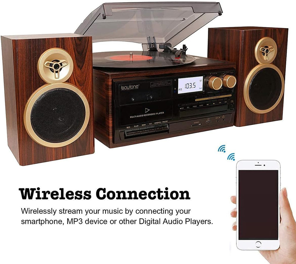 Boytone BT-28SPM, Bluetooth Classic Style Record Player Turntable with AM/FM Radio, CD / Cassette Player, 2 Separate Stereo Speakers