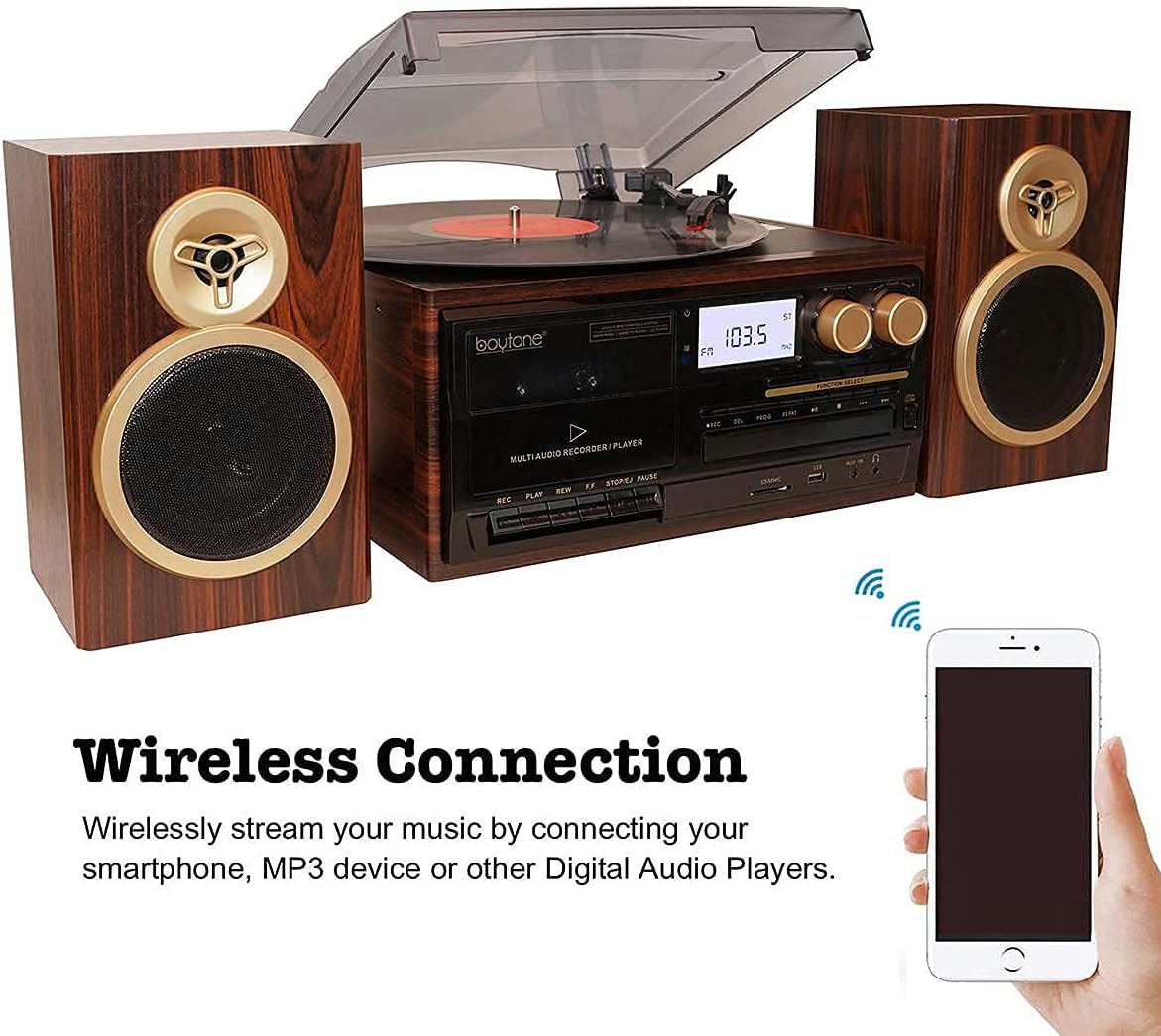 Boytone BT-28SPM, Bluetooth Classic Style Record Player Turntable with AM/FM Radio, CD / Cassette Player, 2 Separate Stereo Speakers