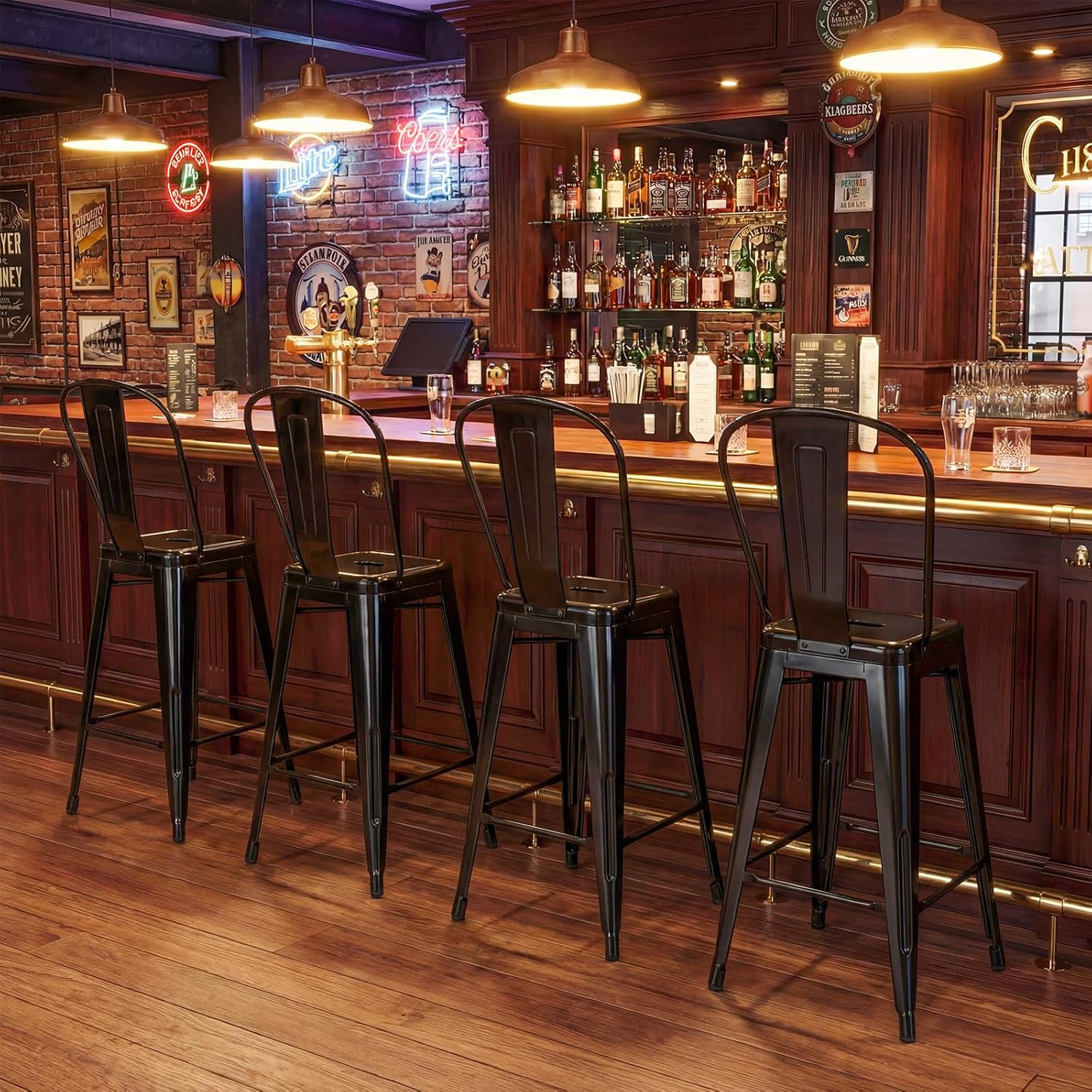 Giantex 24" Metal Bar Stools Set of 4, Counter Height Bar Chairs w/Removable Back & Integrated Footrest, High Back Barstools w/Rubber Foot Pads for Kitchen Dining Rooms, Restaurants, Black